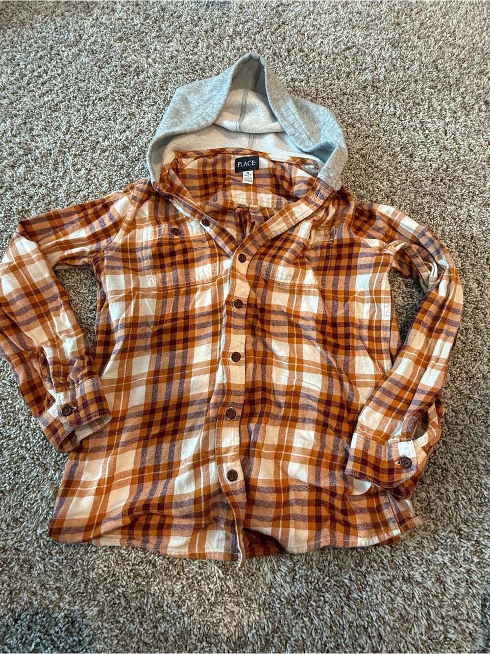 Place Orange Plaid Button-Down Shirt with Gray Hood